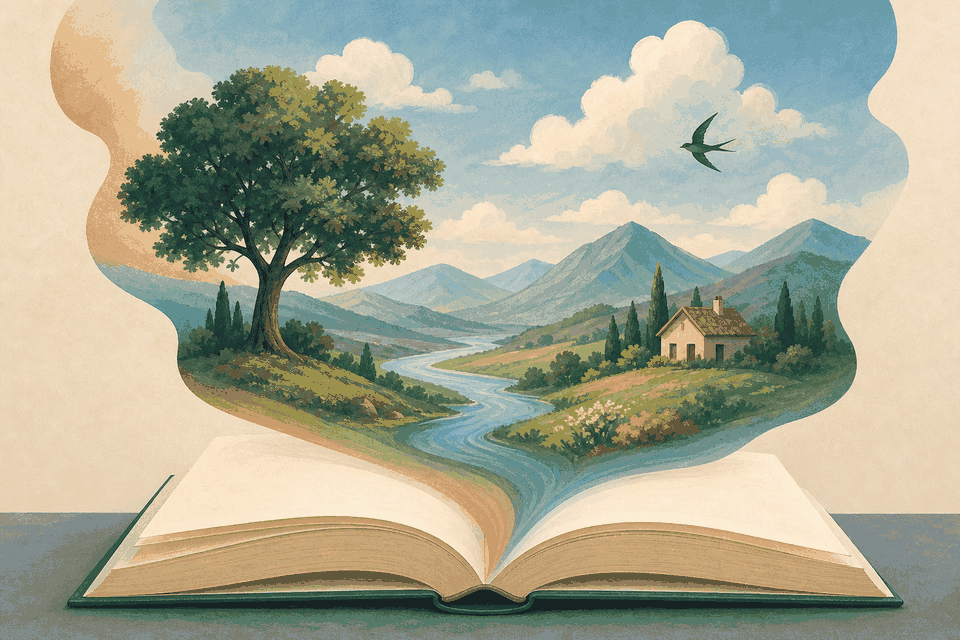 Из раскрытой книги возникает образный пейзаж