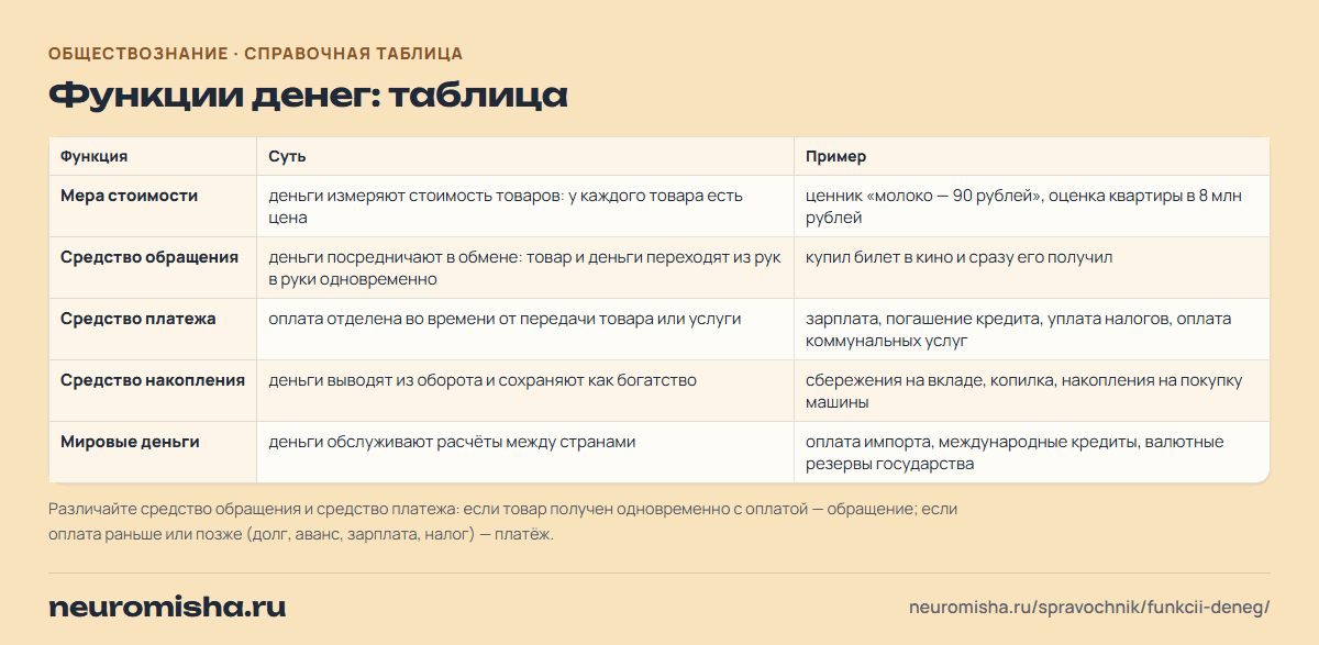 Функции денег: таблица