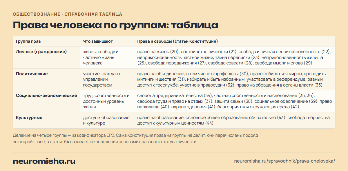 Права человека по группам: таблица